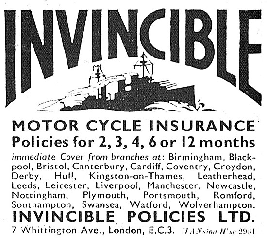 Invincible Motor Cycle Insurance Policies 1959 Advert            