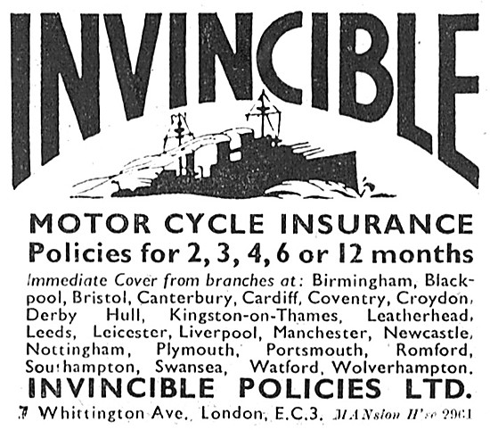 Invincible Motor Cycle Insurance Policies 1960 Advert            