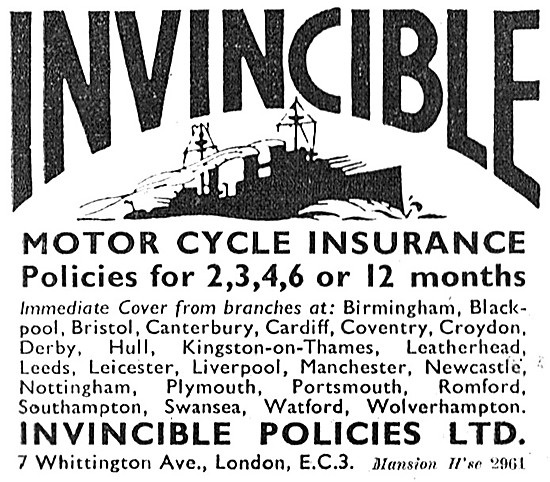 Invincible Motor Cycle Insurance Policies 1961 Advert            