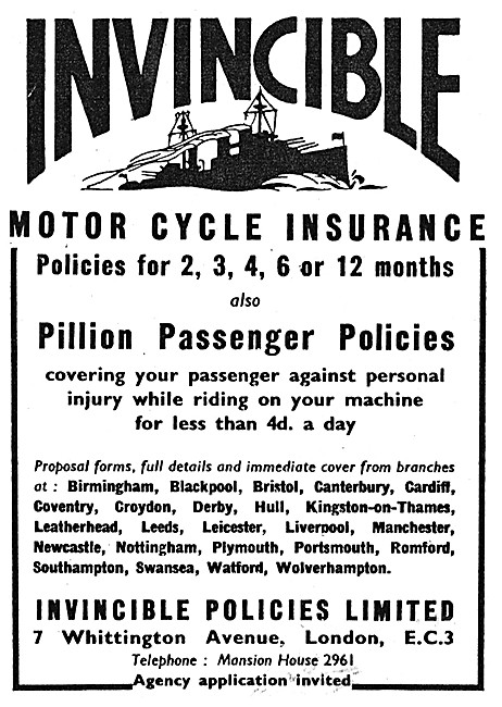 Invincible Motor Cycle Insurance 1963 Advert                     