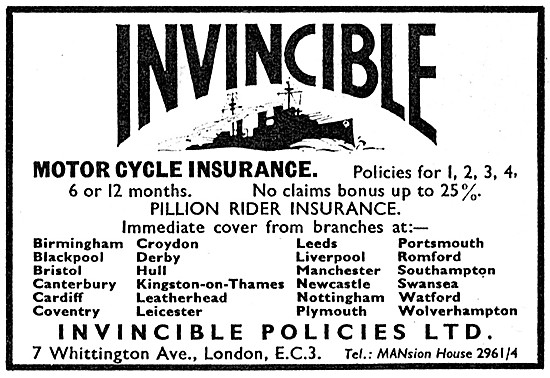 Invincible Motorcycle Insurance Policies 1964 Advert             