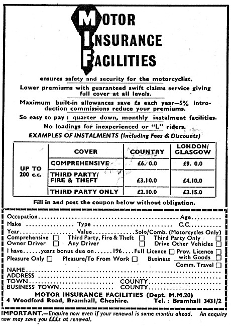Motor Insurance Facilities Motorcycle Insurance 1964 Advert      