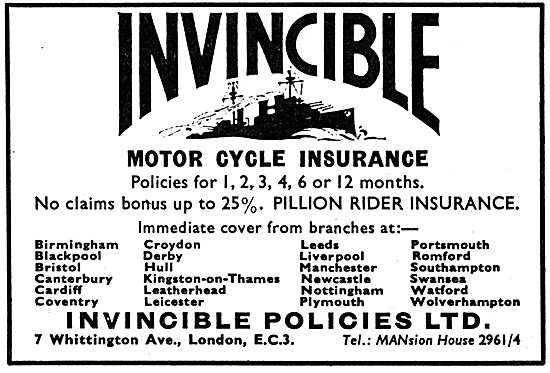 Invincible Motor Cycle Insurance Policies 1965                   
