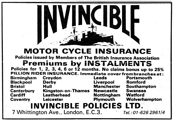 Invincible Motor Cycle Insurance Policies 1968                   