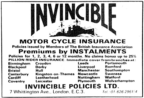 Invincible Motor Cycle Insurance Policies 1969                   