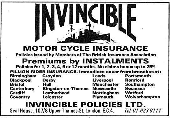Invincible Motorcycle Insurance Policies  1970 Advert            
