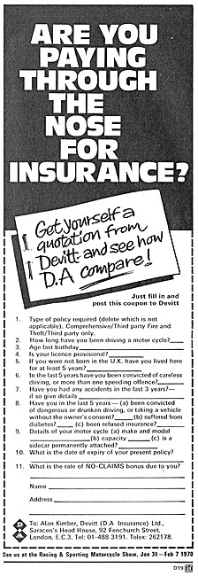 Devitt Motorcycle Insurance Policies 1970 Advert                 