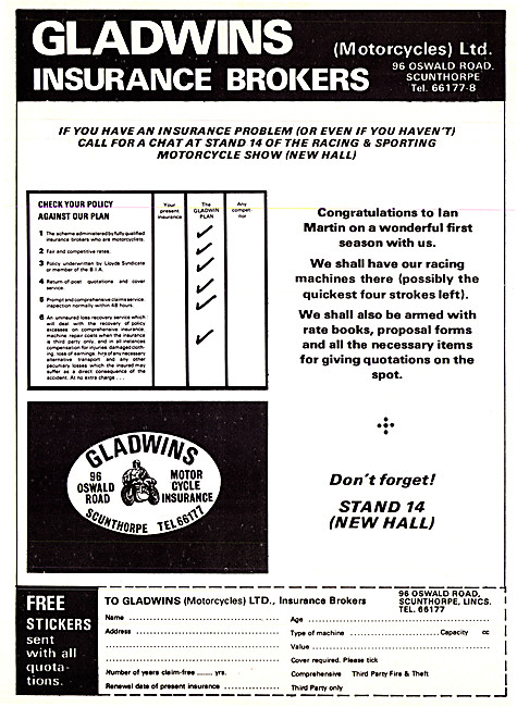 Gladwins Motorcycle Insurance Brokers 1975 Advert                