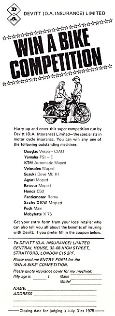 Devitt Motorcycle Insurance 1975 Advert                          
