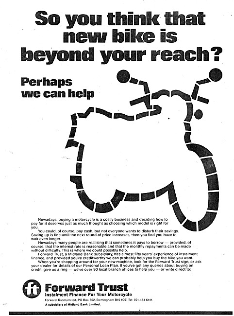 Forward Trust Motor Cycle Finance 1977 Advert                    
