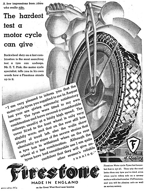 1933 Firestone Motor Cycle Tyres Advert                          