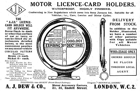 A.J.Dew Motor Cycle Licence Card Holders 1920 Advert             