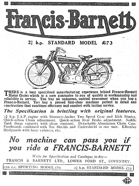 1922 Francis-Barnett Standard Model Motor Cycle                  