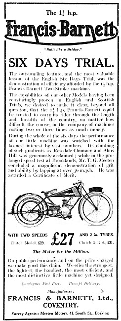 1923 1.5 hp Francis-Barnett Six Days Trial Motor Cycle           