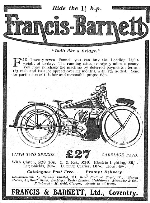 1924 Francis-Barnett Lightweight Motor Cycles                    