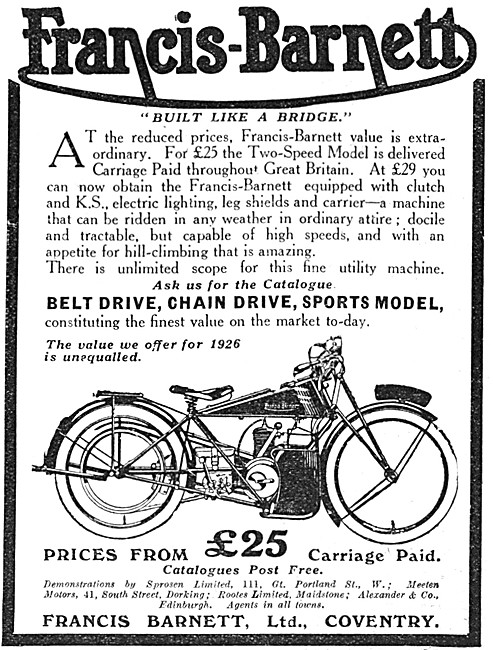 1925 Francis-Barnett Lightweight Motor Cycles                    