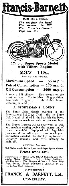 1926 Francis-Barnett 172 cc Super Sports Motor Cycle             