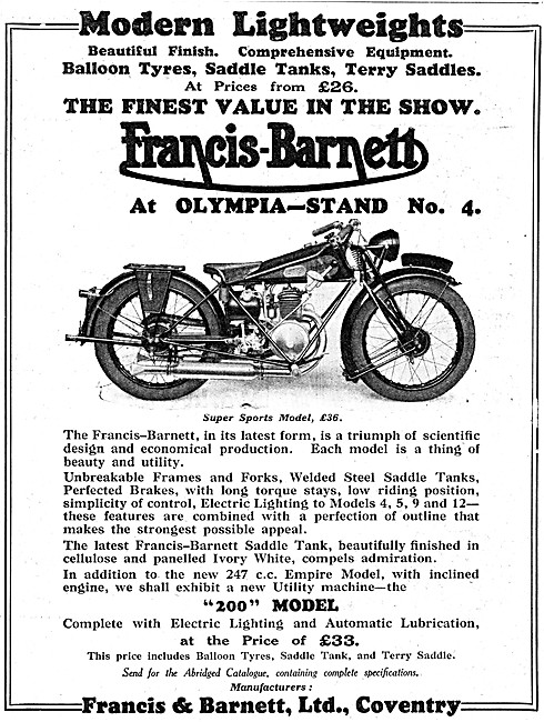 Francis-Barnett Model '200 Super Sports Motor Cycle 1928 Advert  