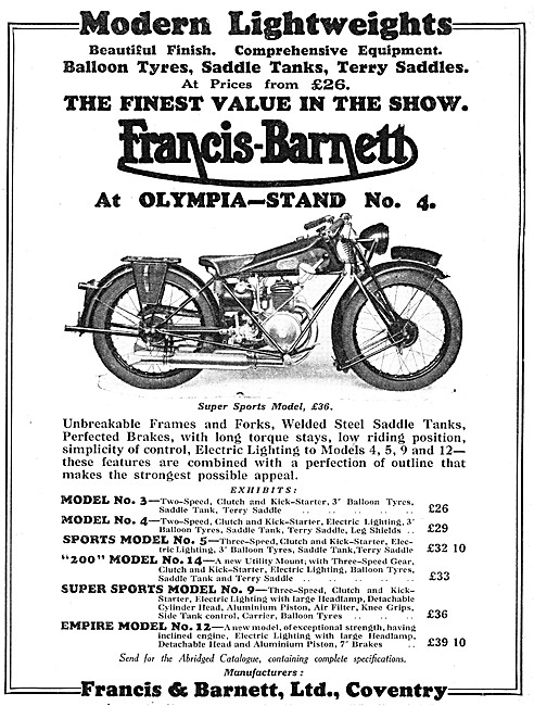 The 1929 Francis-Barnett Motor Cycle Model Range                 