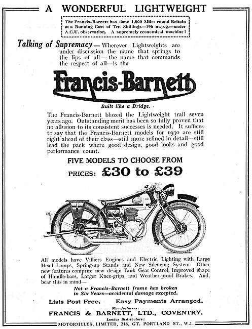 1930 Francis-Barnett Lightweight Motor Cycles                    