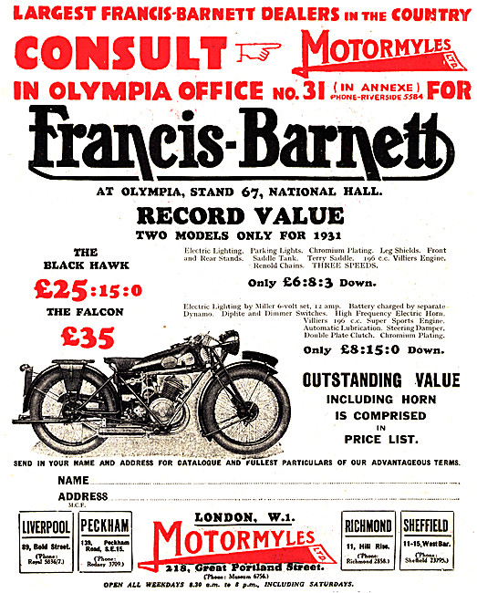 Motormyles For Francis-Barnett 1930 Advert                       