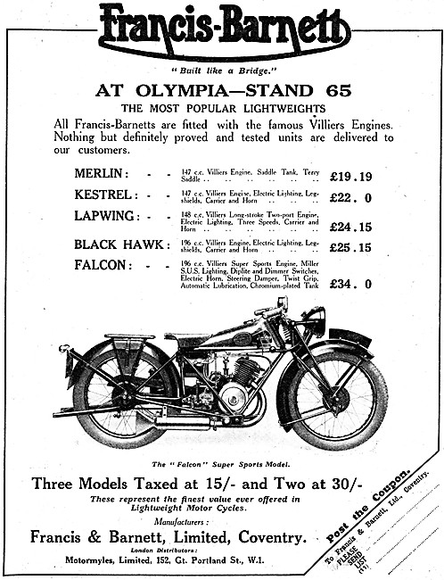 Francis-Barnett Falcon Super Sports Motorcycle 1931 Advert       