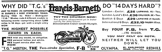 Francis-Barnett Motor Cycles 1933 Models                         