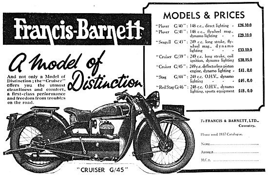 1936 Francis-Barnett Cruiser G/45 + Model Listing                