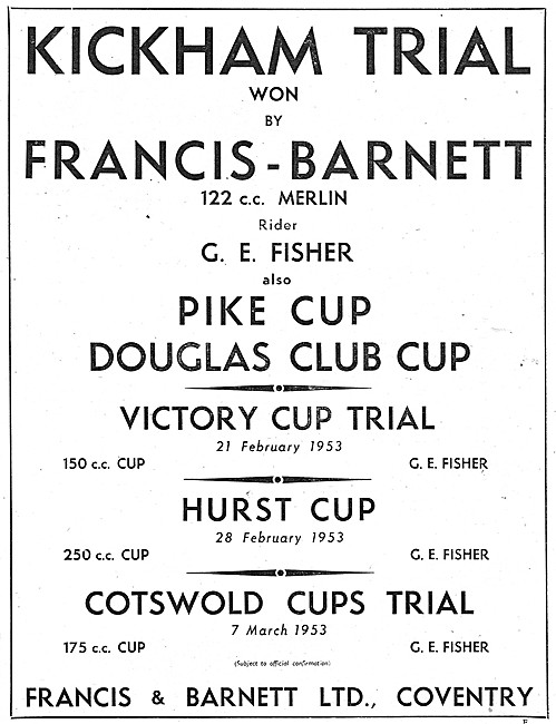 Francis-Barnett Trials Motor Cycle Successes 1953                
