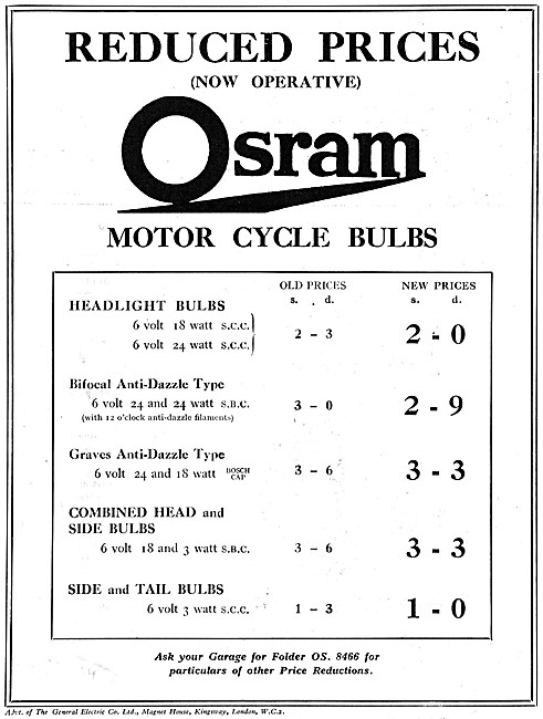 G.E.C. Osram Motor Cycle Light Bulbs                             