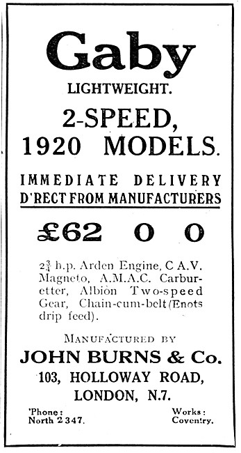 Gaby Motor Cycles - 1920 Gaby Lightweight 2-Speed Motor Cycle    