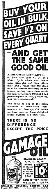 Gamages Motor Cycle Accessories - Gamage Oil 1934 Grades         