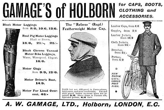 Gamages Motor Cycle Clothing 1904 Styles                         