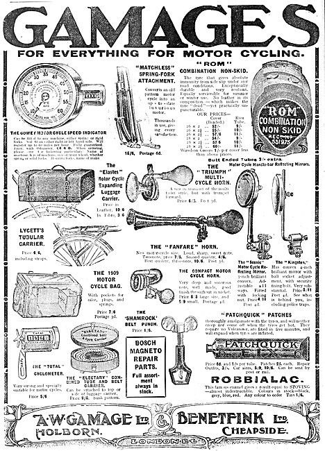 Gamages Motor Cycle Accessories 1909                             