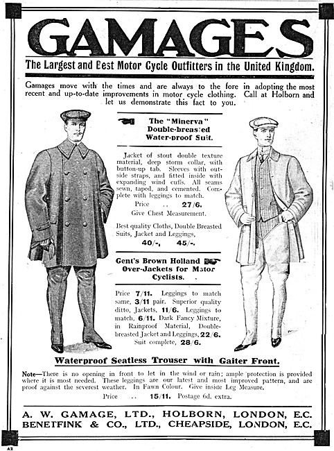 Gamages Motor Cycle Clothing 1913 Styles                         
