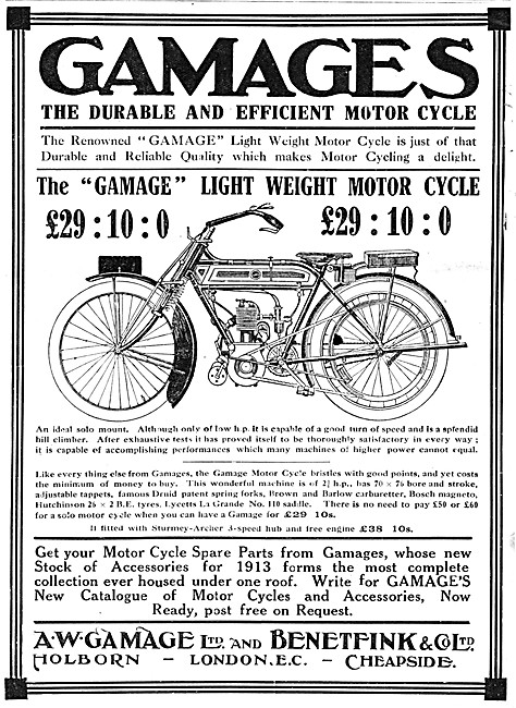 The Gamage 2.5 hp Lightweight Motor Cycle 1913 Model             