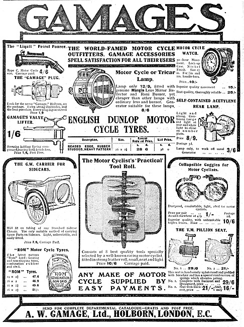 Gamages Motor Cycle Accessories 1914 Catalogue Items             