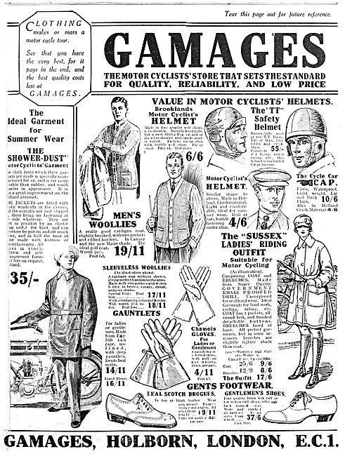 Gamages Motor Cycle Clothing 1921                                