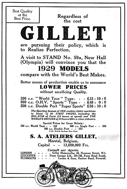 Gillet Motor Cycle Models 1928                                   