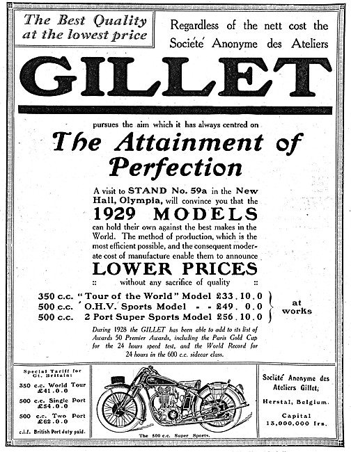 Gillet 500 cc Super Sports Motor Cycle 1928 Advert               