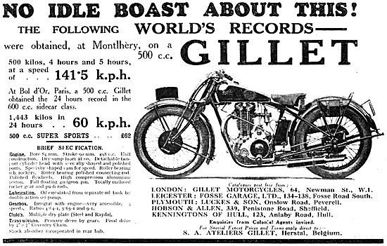 Gillet 500cc Motor Cycles 1928                                   