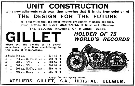 1930 Gillet 500 cc OHV Motor Cycle                               