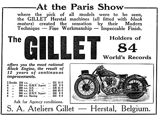 1930 Gillet Motor Cycle Model Range                              