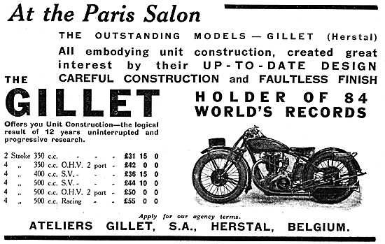 Gillet Motor Cycles 1930 Advert & Model Listings                 