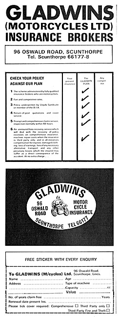 Gladwins Motor Cycle Insurance Brokers 1974 Advert               