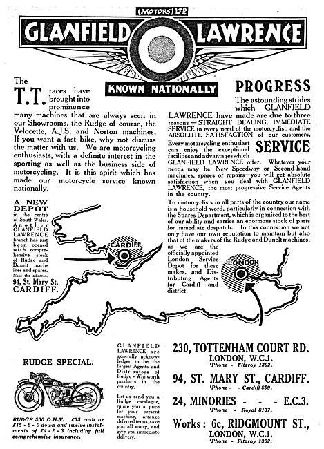 Glanfield Lawrence Motor Cycle Dealership 1929 Advert            