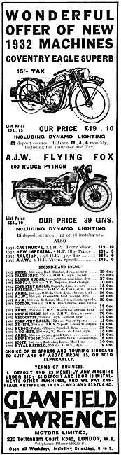 Glanfield Lawrence Motor Cycle Sales - AJW Flying Fox 1933       