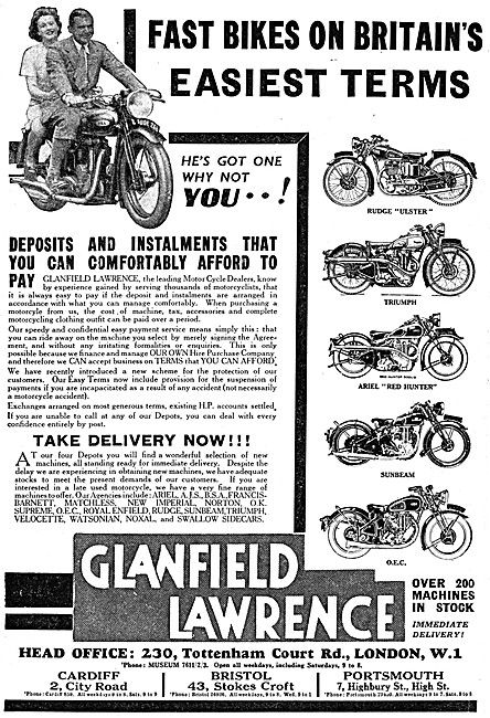 Glanfield Lawrence Motor Cycle Sales 1937 Advert                 