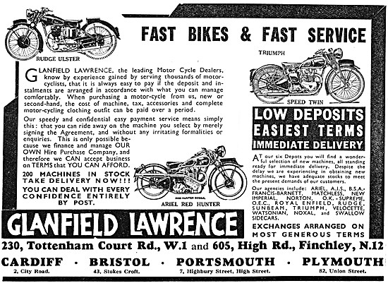 Glanfield Lawrence Motor Cycle Sales 1938 Advert                 