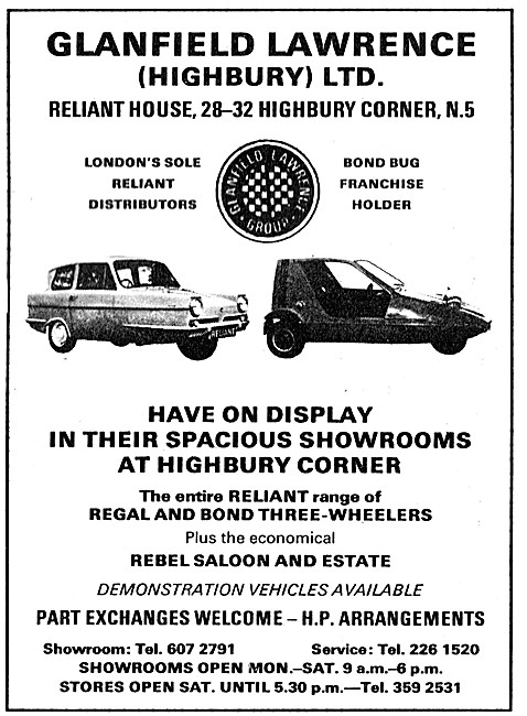 Glanfield Lawrence Reliant Car Sales 1971 Advert                 